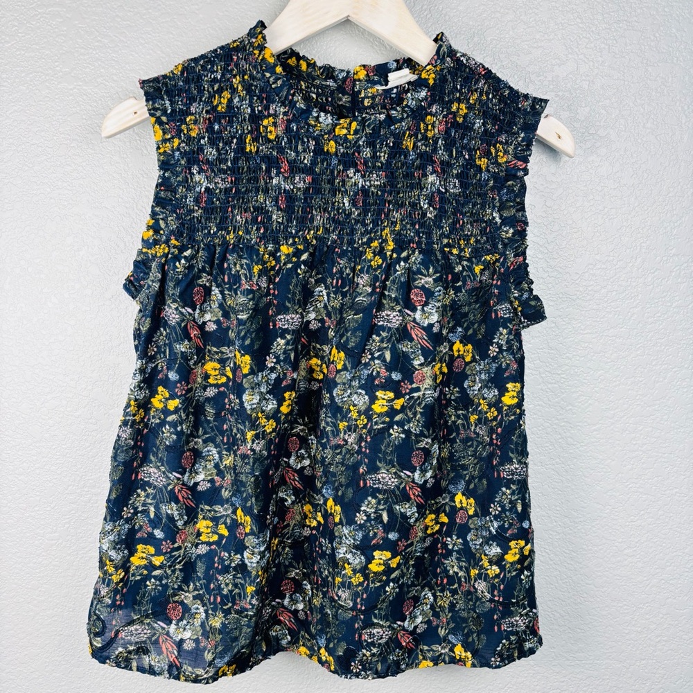 Floral Sleeveless Smocked Chest Blouse - Blue and Yellow, XSmall